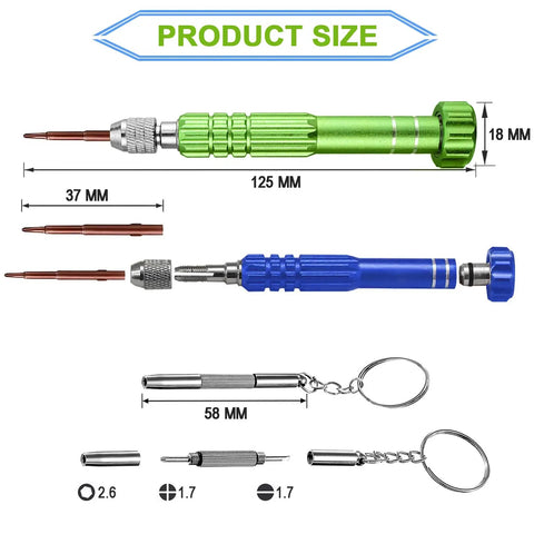 Must Have Handy Eyeglasses Screwdriver Kit 13 In 1 Magnetic Bits Set showing screwdrivers, sizes, and keychain