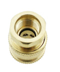 Front view of Brass Pressure Washer Quick Connectors One Quarter Inch NPT, 5000 PSI, heavy duty brass fitting, ball lock design.