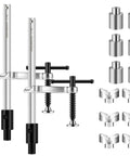 Heavy Duty Pro Grade Welding Fixture Set With T Handle Clamps, 2 Piece Kit For Five Eighth Inch Welding Tables, Includes 12 Retaining Pins Square And Round V Groove, Max Three And One Quarter Inch Opening, Built For Solid Weld Fixturing, 2 clamps with pins