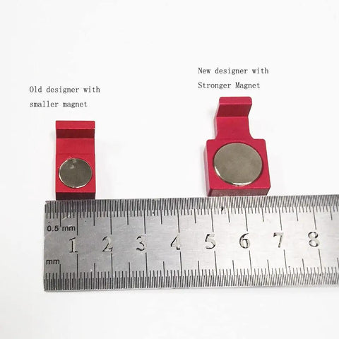 4 Pack Magnetic Parallel Keepers For Vise Jaws And CNC Setups Red showing old and new design with ruler