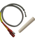 Front view: replacement thermocouple bundle with braided steel lead, red and yellow insulated ends, white protection tube.