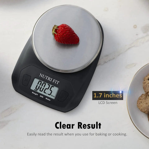 Awesome Compact Digital Food Scale For Cooking And Baking Small Kitchen Scale In Grams And Ounces Stainless Steel Tare Function Backlit LCD Display Space Saving Black with strawberry on platform