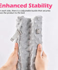 Toddler Bed Rail Bumper Guard With Memory Foam, tool-free attachment, showing adjustable buckle and soft grey material