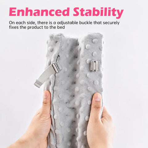 Toddler Bed Rail Bumper Guard With Memory Foam, tool-free attachment, showing adjustable buckle and soft grey material