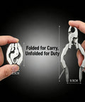Hands holding folded and unfolded 9 In 1 Keychain Multitool Pliers With Wire Cutter And Bottle Opener, Heavy Duty Stainless Steel EDC Tool.
