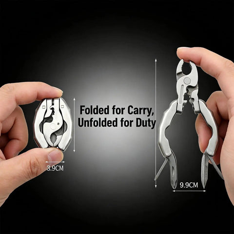 Hands holding folded and unfolded 9 In 1 Keychain Multitool Pliers With Wire Cutter And Bottle Opener, Heavy Duty Stainless Steel EDC Tool.