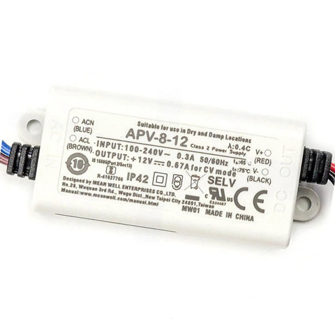 Built Tough 12V Switching Power Supply 0.67 Amps 8.04 Watts Universal Adapter with labeled input and output connections.