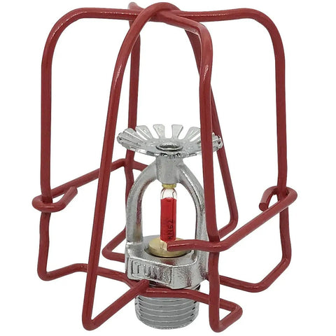 Rock Solid 10 Pack Red Fire Sprinkler Head Guards With Double Hook Mounting. Durable iron cage shielding a sprinkler head.
