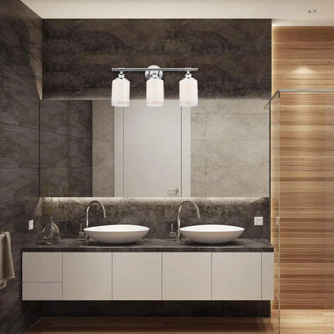 Modern bathroom with Freya All In One 5 Piece Bathroom Set with Chrome Vanity Light and Frosted Glass Shades above double sinks