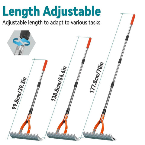 Heavy Duty Dethatcher Rake For Lawns With 5 Ft Handle And 70 Inch Adjustable Shaft 19 Tine Thatch Rake sizes display