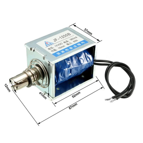 DC 12V 60N Push Pull Open Frame Solenoid Electromagnet With 10mm Stroke For Smooth Linear Motion, Spring Return, Low Power Draw, Low Heat, Beefy Rock Solid Actuator For Automation Doors Latching And Robotic Projects, metal body with 12mm plunger and wires