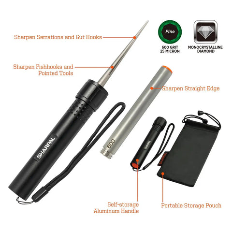 Three-In-One Diamond Sharpener For Knives And Tools With 4 Inch 600 Grit Rod Sharpens Straight Edges Serrations And Gut Hooks Includes Fishhook Groove Durable Aluminum Handle Pocket Knife Sharpener