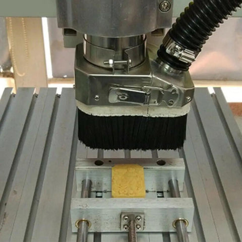 Rock Solid CNC Dust Shoe With 80Mm Stainless Steel Body and Double Door Split Design, thick nylon brush on CNC machine.