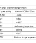 PTC single core thermistor parameters chart showing voltage, resistance, and temperature specifications.