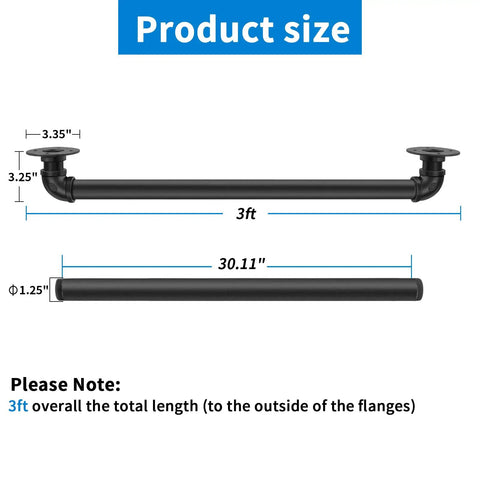 Kick Up Your Safety Game With This Heavy Duty Wall Handrail 3 Feet Long dimensions showing 3ft length and 1.25 inch diameter.