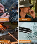 Foldable Camping Shovel With 30.4 Inch High Carbon Steel Build, featuring fire starter, whistle, knife, and safety hammer in use.