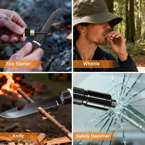 Foldable Camping Shovel With 30.4 Inch High Carbon Steel Build, featuring fire starter, whistle, knife, and safety hammer in use.
