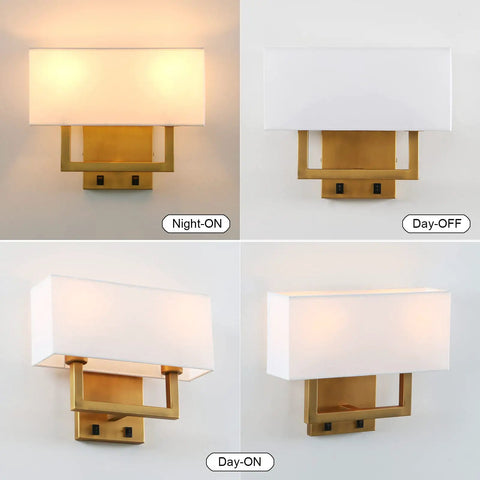 Antique Finish Wall Sconce Lights Set Of Two With White Textile Shades And On Off Switch Dope Home Vibe For Living Room
