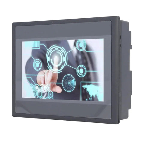 7 Inch HMI Display Panel With TFT LCD 12 Inputs 8 Outputs FX3U 20 40 48MRT Compatible Easy Install Plug and Play Ready ARM9 Processor IP65 Rugged Industrial Touch Panel For Automation front view