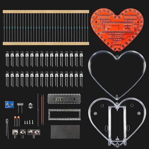 Components of Heart Shaped LED Flashing Light Kit With 51 Microcontroller For Electronics, 32 Colorful 5mm LEDs, visible parts