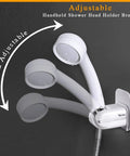 360 Degree Adjustable Shower Head Holder Wall Mount With Tool Free Ultra Strong Adhesive And Waterproof Plastic Bracket showing adjustability