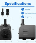 Submersible Water Pump Ultra Quiet 200 GPH Fountain Pump With Overheating Protection 5.2 Ft High Lift with specifications