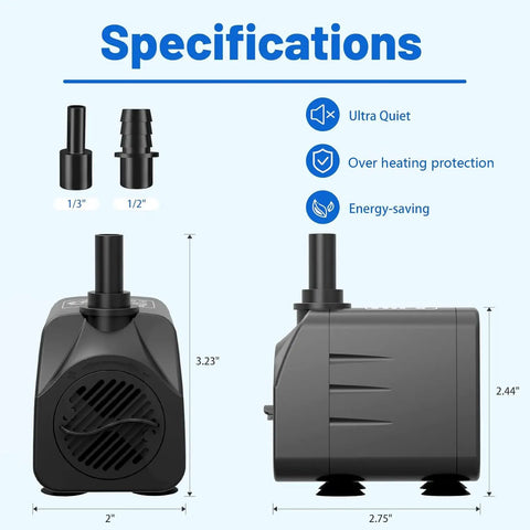 Submersible Water Pump Ultra Quiet 200 GPH Fountain Pump With Overheating Protection 5.2 Ft High Lift with specifications