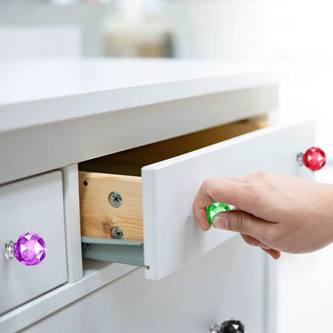 Colorful Crystal Knob Set, 10 Pieces, 30mm Glass Drawer Pulls For Cabinets, Drawers, Dressers, And Kitchen, Artsy Style, Includes Screws, Perfect Quick Cabinet Refresh on white drawer