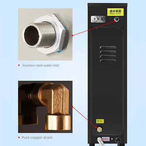 Heavy Duty Commercial Water Heater Boils In Five Minutes With Nonstop Flow Using Smart Step Heating Tech Features stainless steel water inlet and pure copper drain.