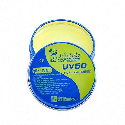No Clean 35g Paste Flux For Soldering BGA PGA And SMD PCBs in a blue tin, open to show yellow paste inside.