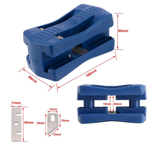 Go To Edge Banding Trimmer For Veneer And Laminate Edges with dimensions and blade details, blue handheld woodworking tool.