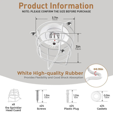 Eight Pack White Fire Sprinkler Head Guard Covers, 3.7in diameter, white rubber, protective guard for half and three quarter inch heads.
