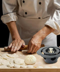 Chef using Flower Shaped Dumpling Mold Maker For Easy Homemade Bao Buns And Momo, 6.57 Inch Plastic Kitchen Gadget on dough