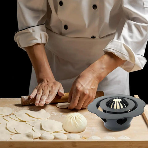 Chef using Flower Shaped Dumpling Mold Maker For Easy Homemade Bao Buns And Momo, 6.57 Inch Plastic Kitchen Gadget on dough