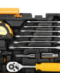 198 Piece Household Tool Kit With Plastic Toolbox, Pro Grade Chrome Finish Tools, black and yellow case interior with tools displayed