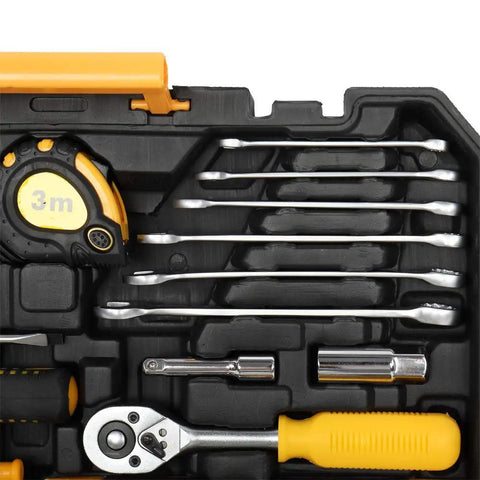 198 Piece Household Tool Kit With Plastic Toolbox, Pro Grade Chrome Finish Tools, black and yellow case interior with tools displayed