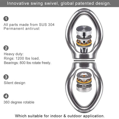 Silent Bearing Swing Swivel Hanger With 360 Degree Rotation for Aerial Yoga, Tree Swings, Hammock Chair, Heavy Duty Stainless Steel