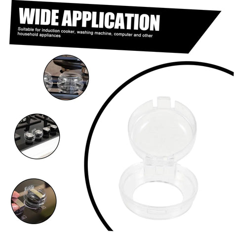 Close-up of transparent knob cover for stoves, Six Pack Stove Knob Covers Transparent Safety Guards For Gas Electric And Induction Stoves And Washing Machines Easy To Install Button Protectors For Kid Safe Home No Fuss Family.