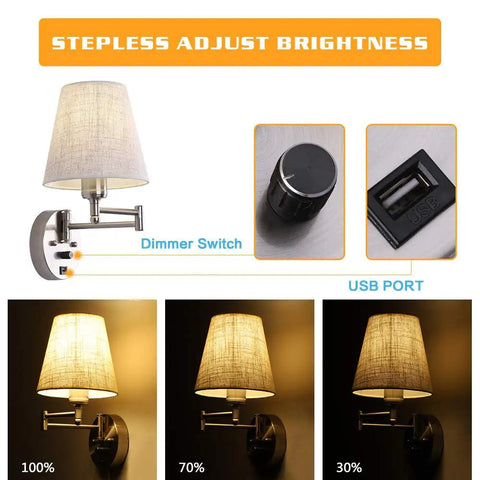 Bedside Wall Mount Light With Dimmable Switch And USB Port Swing Arm Fabric Shade Wall Sconce With Plug In Cord Ideal For Bedroom Living Room And Hotel showcasing dimmer switch and USB port.
