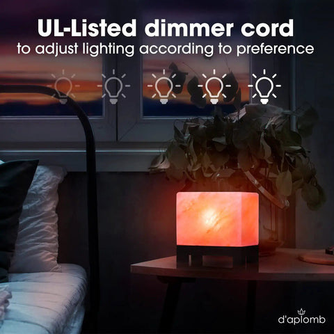 Authentic Himalayan Salt Lamp Hand Carved Modern Rectangle With Rare Pink Crystal Rock Salt Footed Wood Base Dimmer Cord