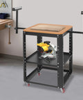 Badass Heavy Duty Rolling Planer Stand With Adjustable Height Extension Rollers And Smooth Gliding Wheels Supporting Up To 550 Pounds For Power Tools And Benches on a workshop floor.