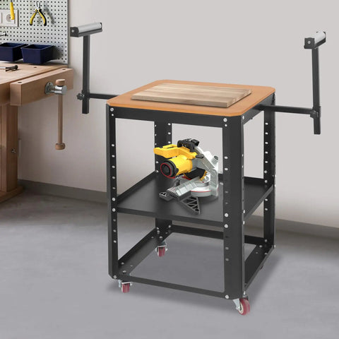 Badass Heavy Duty Rolling Planer Stand With Adjustable Height Extension Rollers And Smooth Gliding Wheels Supporting Up To 550 Pounds For Power Tools And Benches on a workshop floor.