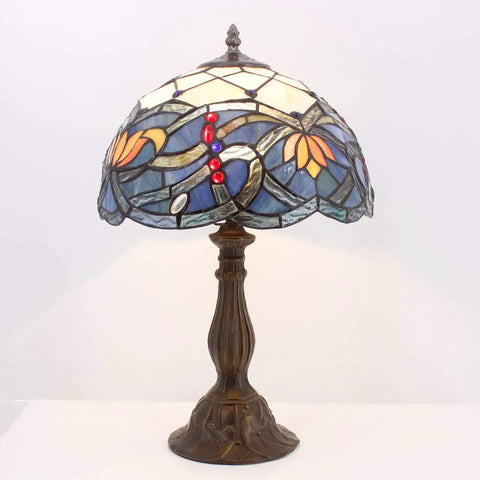 Tiffany Style Stained Glass Table Lamp Blue Lotus Aesthetic Bedside Light For Desk And Reading, antique bronze base