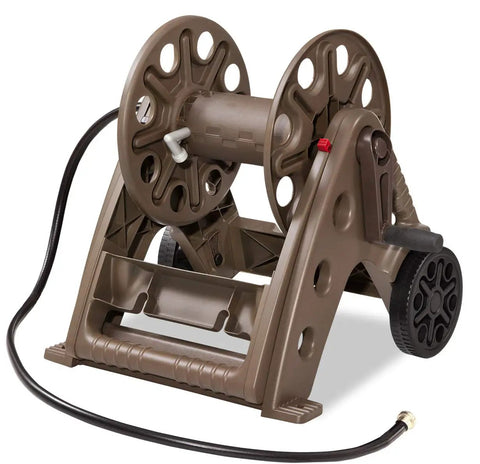 Backyard Beast Two Wheel Hose Cart Delivers Rust Proof Bronze Poly Resin Durability To Handle 225 Feet Of 5/8 Inch Garden Hoses Without Breaking A Sweat Includes Six Foot Leader Hose Plus Drop Down Handle For Easy Park Mode