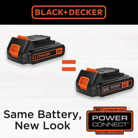 Black+Decker PowerConnect 20V lithium battery showing design comparison for 20V Max Hedge Trimmer Kit.