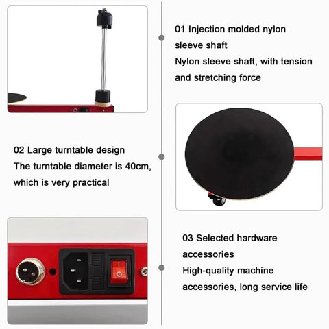 Hardcore Heavy Duty Electric Stretch Wrapping Table With Automatic Film Dispenser And Smooth 40 Cm Turntable showing nylon sleeve shaft and control panel.