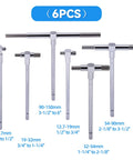 Six-piece chrome telescoping bore gauge set with locking T-handle; knurled shafts, 5/16–6 in range; includes pouch
