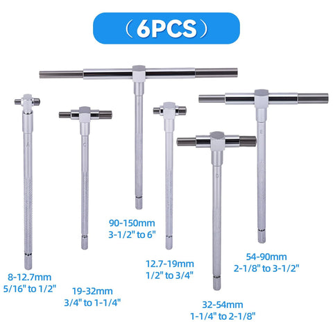Six-piece chrome telescoping bore gauge set with locking T-handle; knurled shafts, 5/16–6 in range; includes pouch