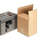 Solid Router Lift Kit For 65mm Motors With Plunge Base and Table Insert Plate packaging with foam insert and cardboard box.