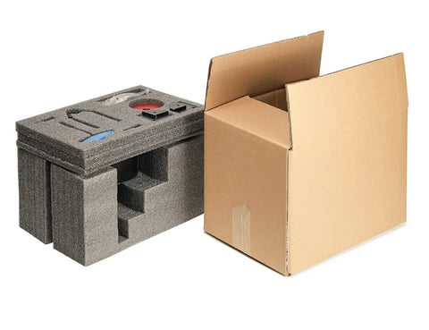 Solid Router Lift Kit For 65mm Motors With Plunge Base and Table Insert Plate packaging with foam insert and cardboard box.